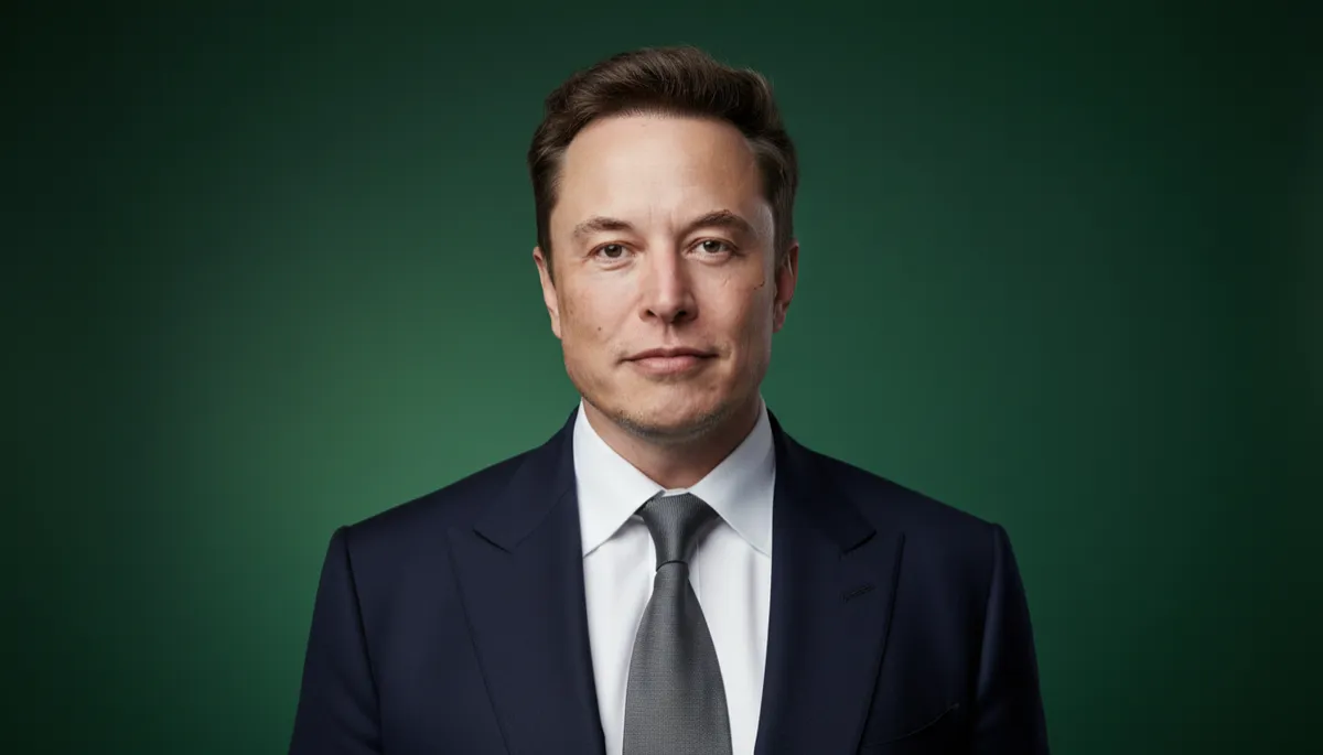 professional photorealistic portrait of Elon Musk against a deep forest green background, subtle lighting, confident but calm expression, modern professional style