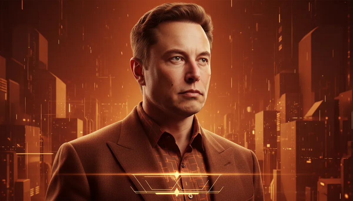 professional photorealistic portrait of Elon Musk in warm burnt orange #9a3412 tones, subtle futuristic background, clean lighting, with elegant overlay text at bottom center