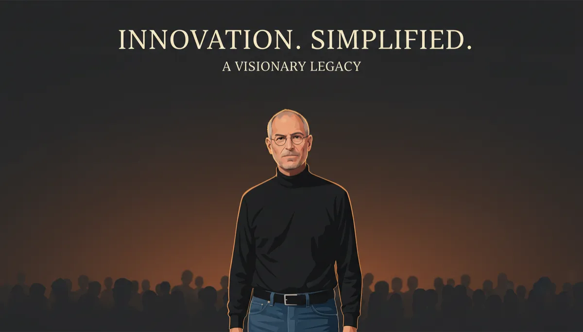professional photorealistic portrait of Steve Jobs on a dark stage, warm burnt orange #9a3412 lighting, subtle audience in shadow, elegant typography overlay