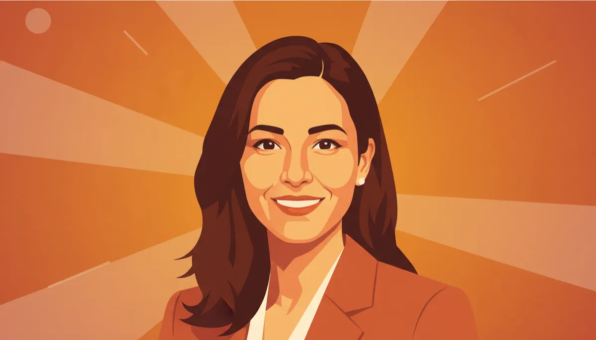 professional photorealistic portrait of Melanie Perkins in warm burnt orange #9a3412 tones, soft studio lighting, confident relaxed smile, subtle Canva-style design elements in background, clean professional style