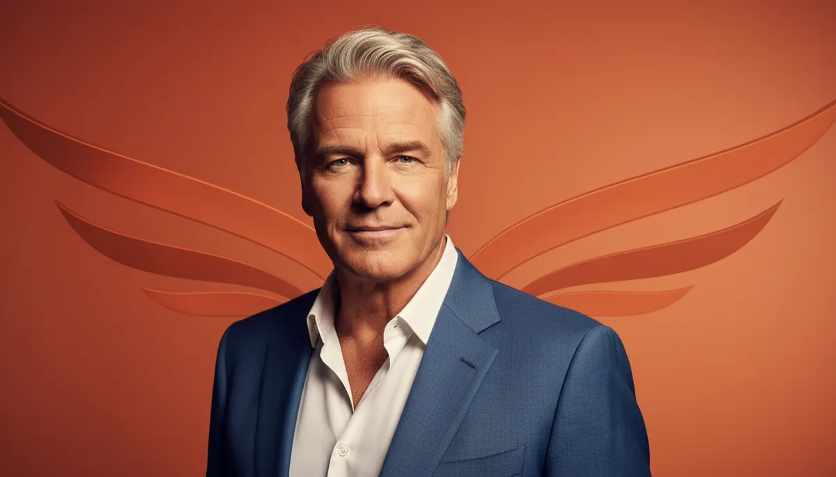 professional photorealistic portrait of Richard Branson in front of subtle Virgin-style branding, warm burnt orange #9a3412 lighting, confident but approachable expression, clean background, professional photography