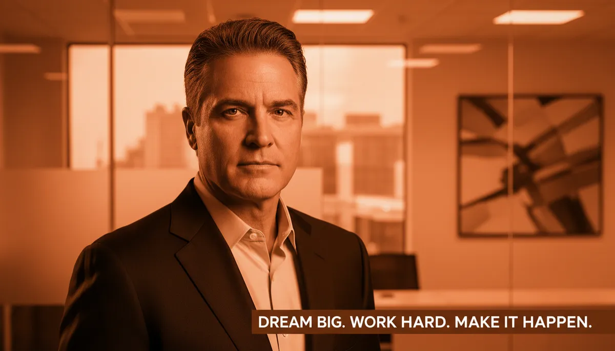 professional photorealistic portrait of Mark Cuban in burnt orange #9a3412 tones, sharp lighting, decisive expression, subtle office background, overlaid quote text in clean sans serif
