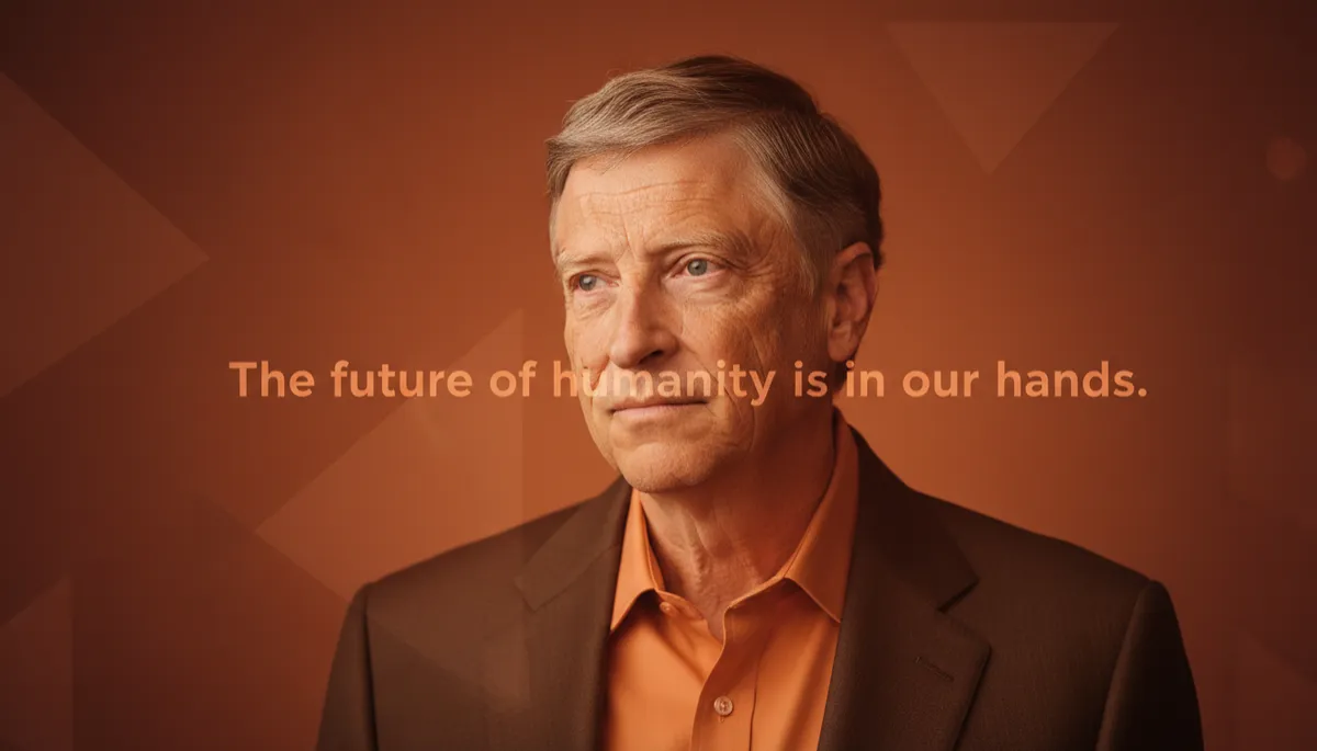 professional photorealistic portrait of Bill Gates in burnt orange #9a3412 tones, soft studio lighting, thoughtful expression, subtle text overlay with his quote