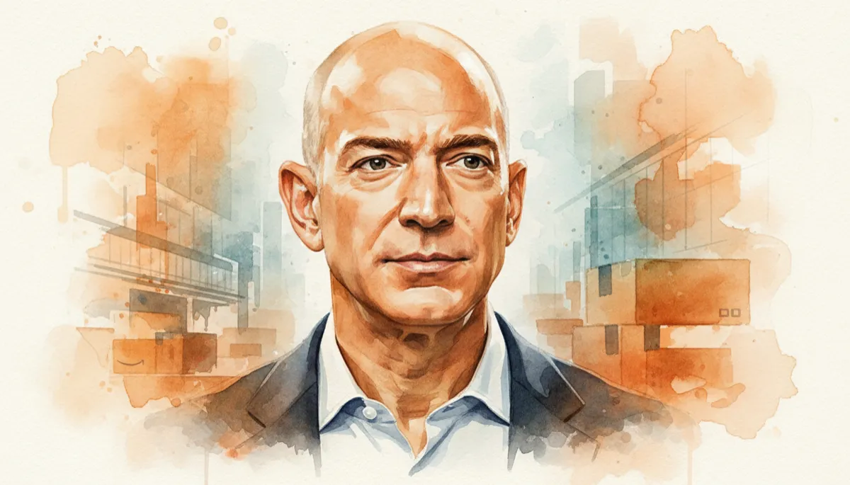 professional photorealistic portrait of Jeff Bezos in warm burnt orange #9a3412 tones, focused and decisive expression, soft studio lighting, subtle Amazon-era background suggestion, professional style