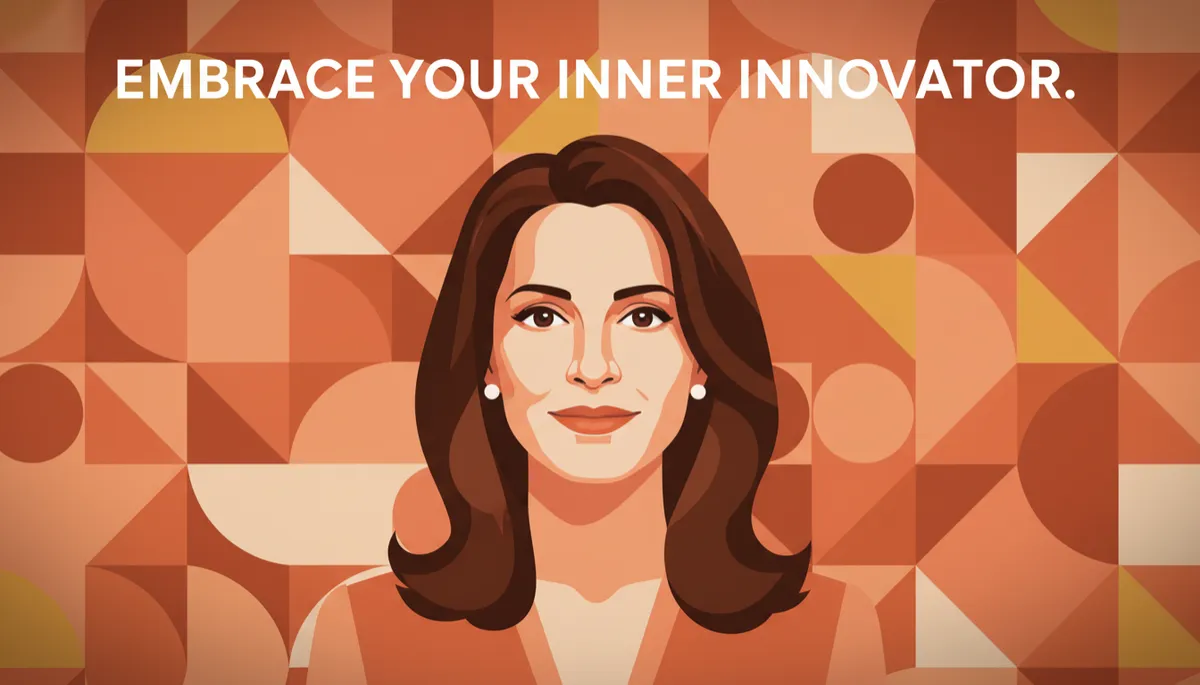professional photorealistic portrait of Sara Blakely in warm burnt orange #9a3412 tones, confident and approachable expression, soft studio lighting, subtle abstract background in matching palette, overlaid quote text in clean modern font