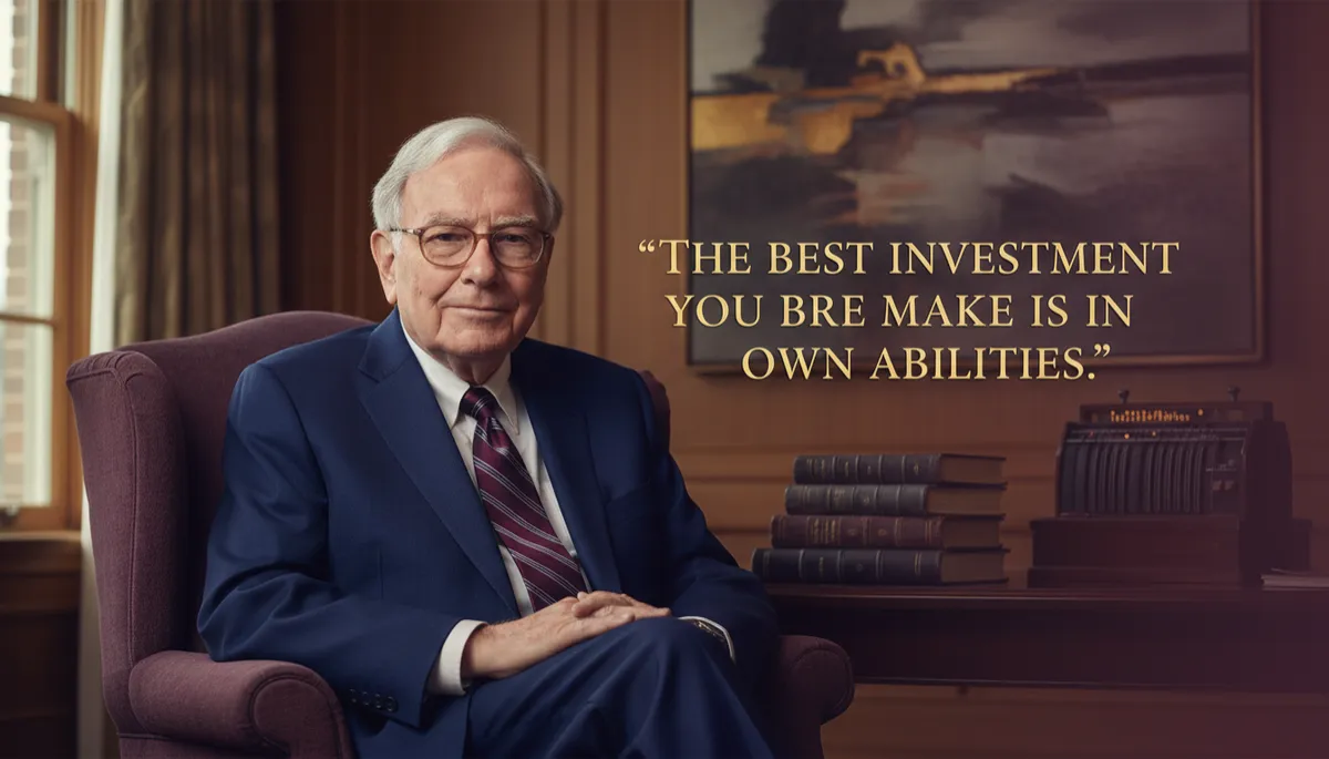 professional photorealistic portrait of Warren Buffett in a calm office setting, deep plum #7c1d4a accents, soft lighting, overlaid quote text in elegant font