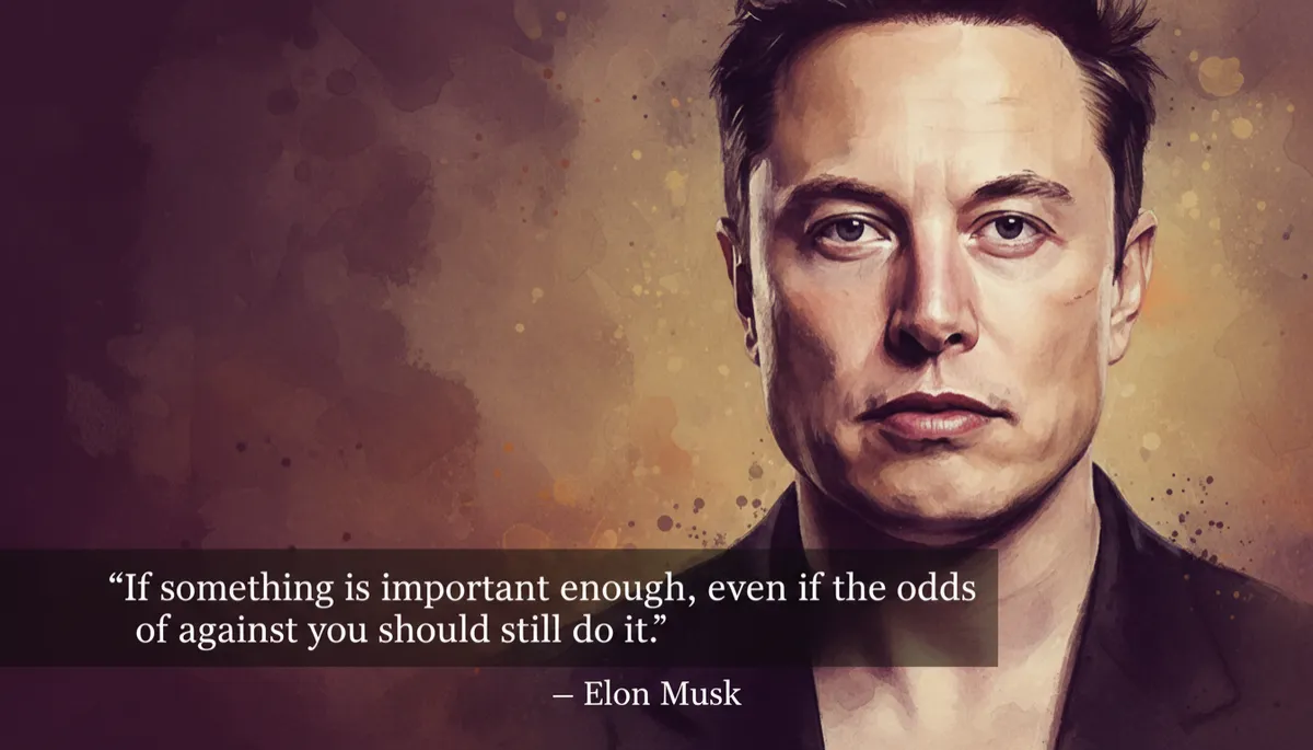 professional photorealistic portrait of Elon Musk in deep plum #7c1d4a tones, dramatic studio lighting, Musk looking direct and focused, subtle overlay quote text in clean sans serif 'If something is important enough, even if the odds are against you, you should still do it.' — Elon Musk