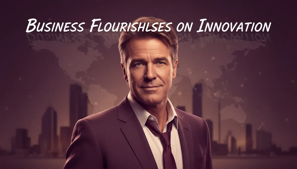 professional photorealistic portrait of Richard Branson in deep plum #7c1d4a tones, warm lighting, confident and decisive expression, subtle business background, overlaid quote text in elegant font