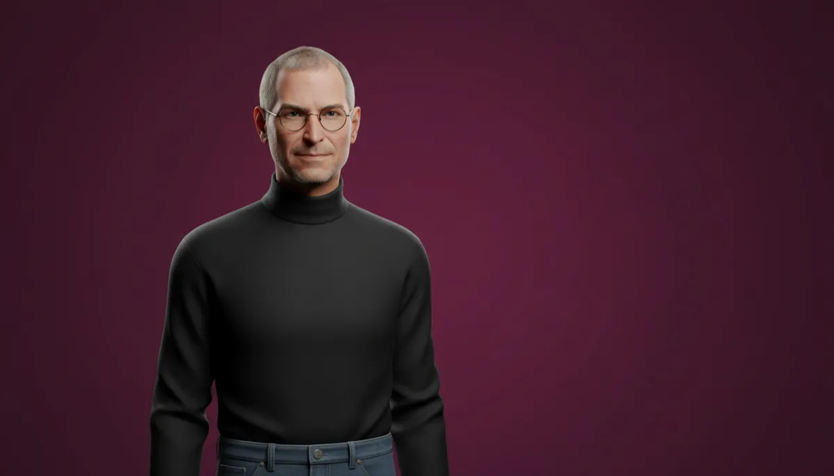 professional photorealistic portrait of Steve Jobs against a deep plum #7c1d4a gradient background, calm and certain expression, soft studio lighting, minimalistic professional style