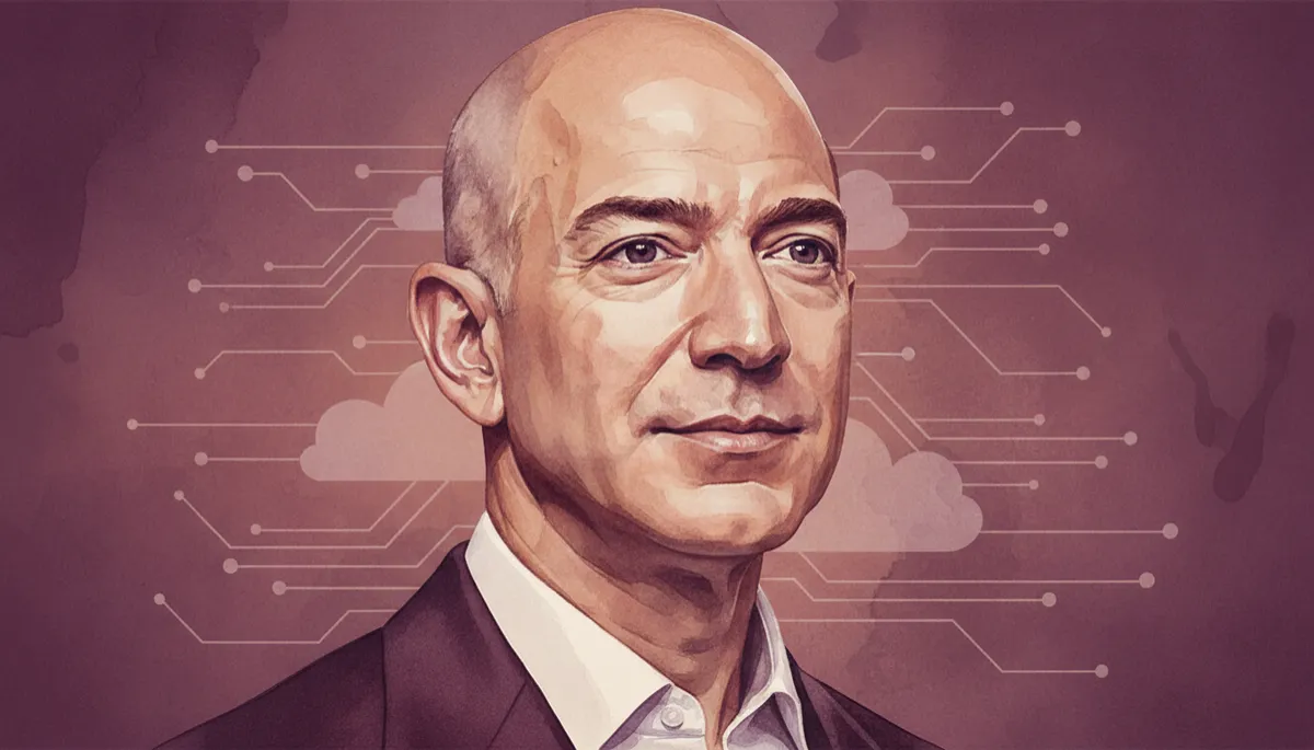 professional photorealistic portrait of Jeff Bezos in deep plum #7c1d4a tones, soft studio lighting, calm and visionary expression, subtle abstract background echoing cloud infrastructure diagrams, clean professional style