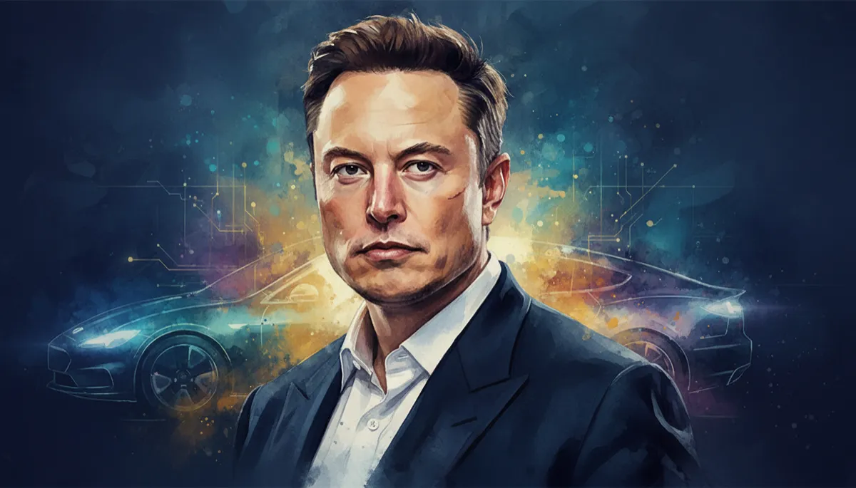 professional photorealistic portrait of Elon Musk in deep navy #1e4976 tones, soft studio lighting, visionary and intense expression, subtle blurred background with abstract electric car outlines and faint circuitry patterns