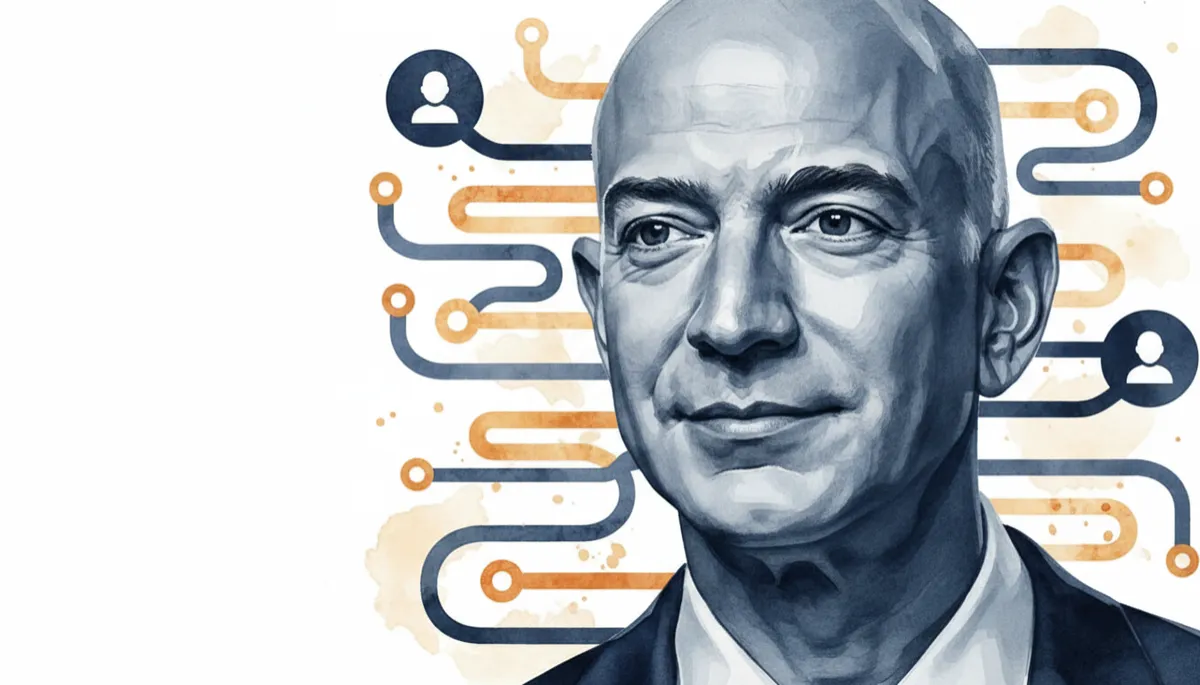 professional photorealistic portrait of Jeff Bezos in deep navy #1e4976 tones, calm expression, subtle background of abstract sales pipelines and customer icons, clean lighting, professional style