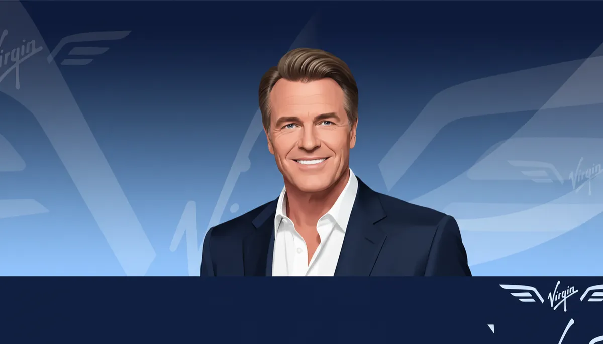 professional photorealistic portrait of Richard Branson in deep navy tones, confident smile, subtle Virgin-style branding in background, clean studio lighting, text overlay in white on navy band