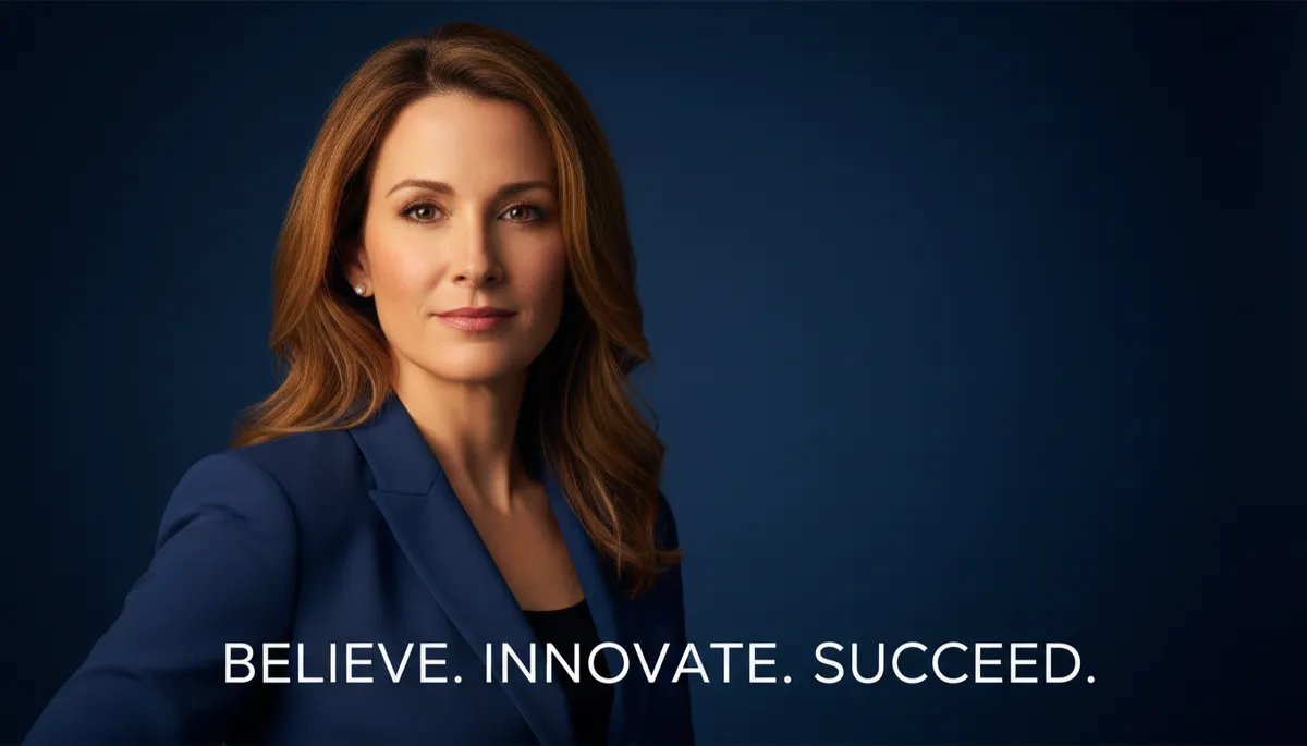 professional photorealistic portrait of Sara Blakely against deep navy #1e4976 background, warm lighting, confident and determined expression, subtle overlay typography with quote, clean professional style