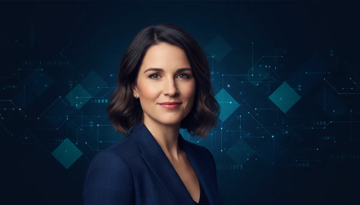 professional photorealistic portrait of Melanie Perkins in deep navy #1e4976 tones, warm and determined expression, soft studio lighting, subtle abstract tech background