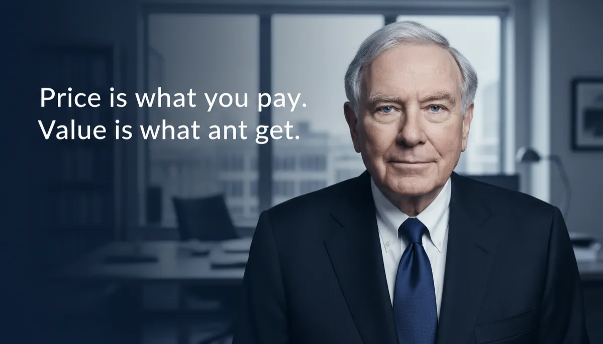 professional photorealistic portrait of Warren Buffett in deep navy #1e4976 tones, calm and authoritative expression, subtle office background, overlaid quote text in white 'Price is what you pay. Value is what you get.' in clean modern font