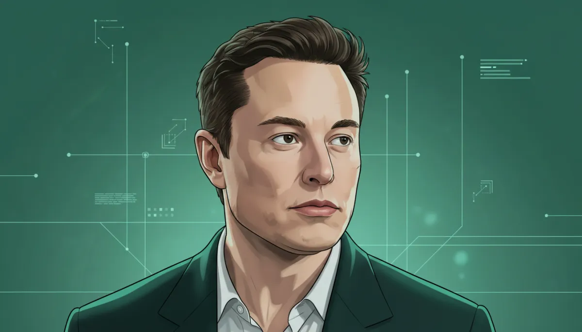 professional photorealistic portrait of Elon Musk in deep forest green #065f46 tones, soft studio lighting, calm but intense expression, subtle futuristic biotech interface graphics in background, inspirational professional style