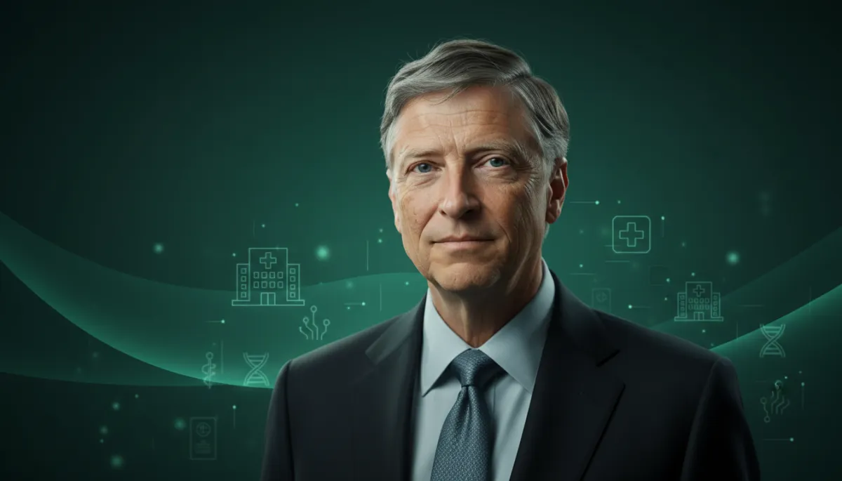 professional photorealistic portrait of Bill Gates in deep forest green tones, soft studio lighting, calm and thoughtful expression, subtle hospital and health-tech icons in the background, elegant text overlay in green and white