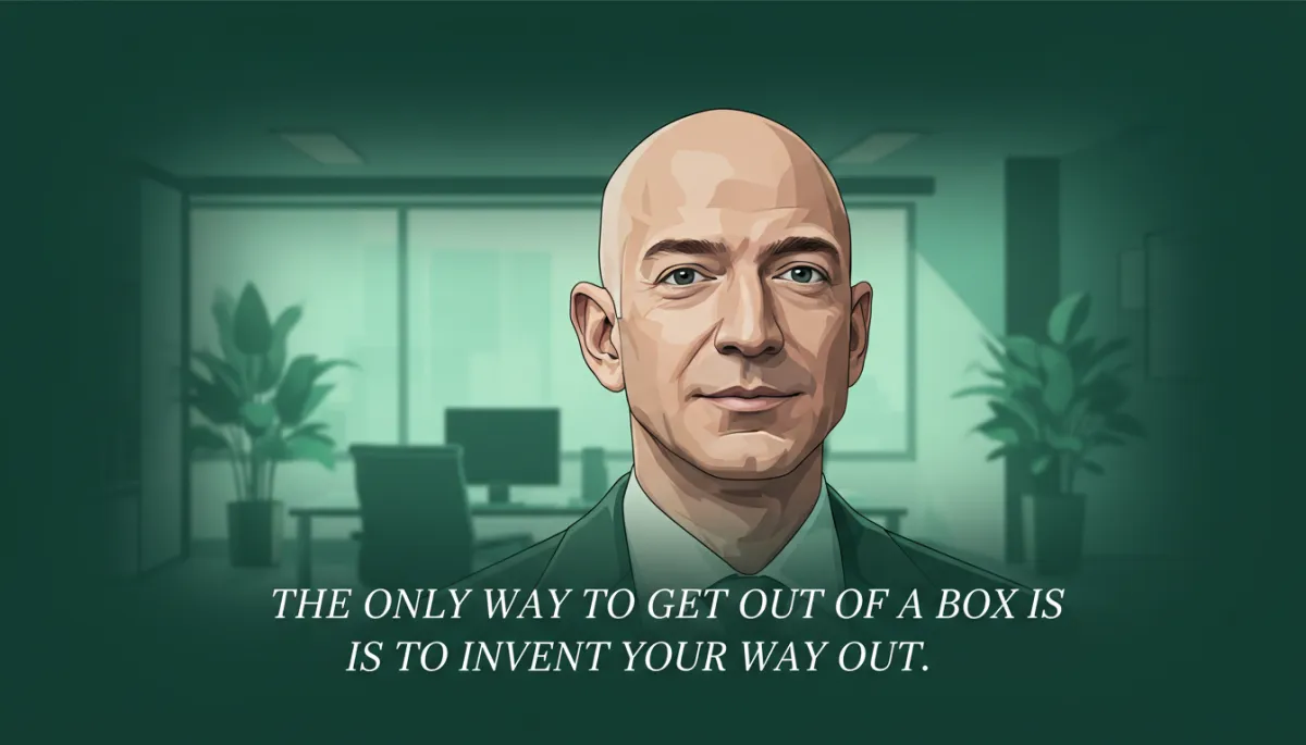 professional portrait of Jeff Bezos in deep forest green tones, calm expression, subtle office background, soft directional lighting, clean composition, quote overlay in white text