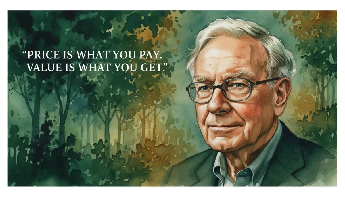 professional portrait of Warren Buffett in deep forest green tones, calm expression, soft studio lighting, subtle overlay quote text in white serif font