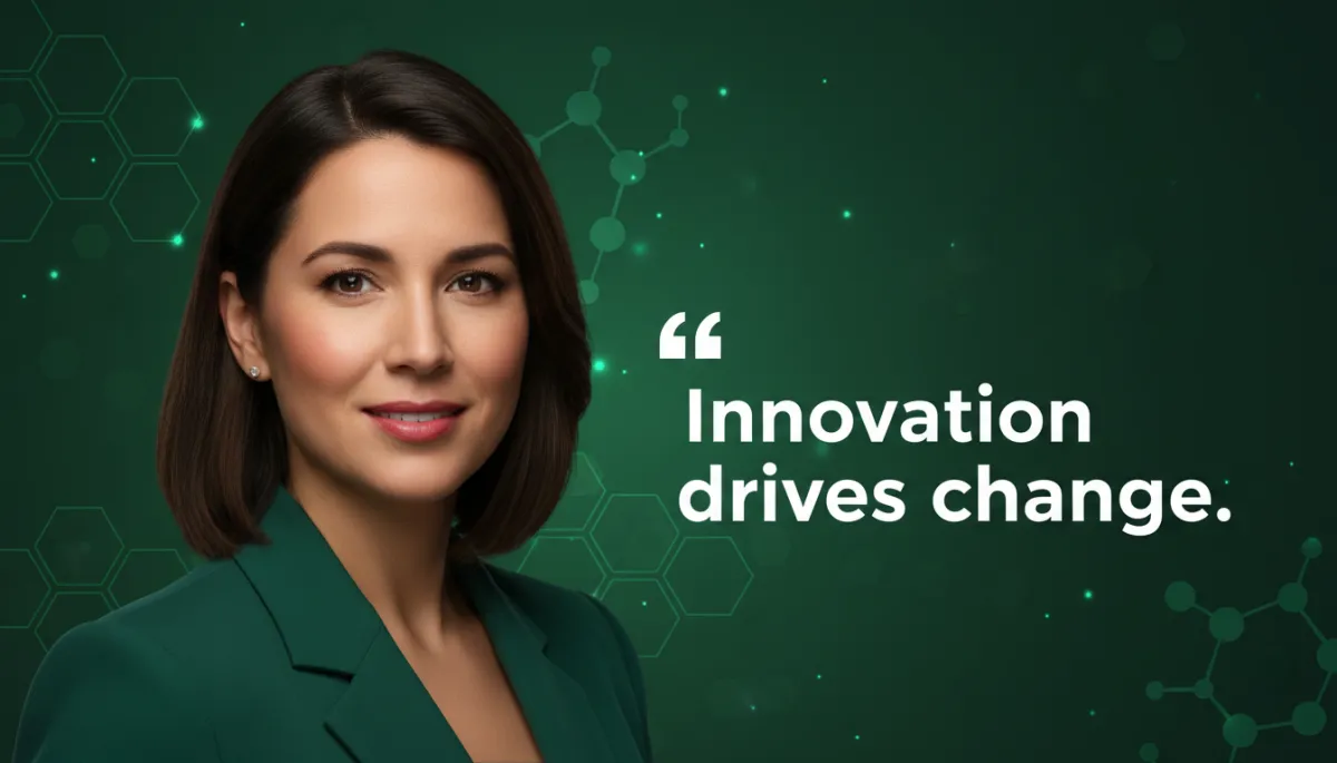 professional portrait of Melanie Perkins in deep forest green tones, soft studio light, confident and warm expression, subtle biotech-themed background elements like molecular diagrams, overlaid quote text in clean white font