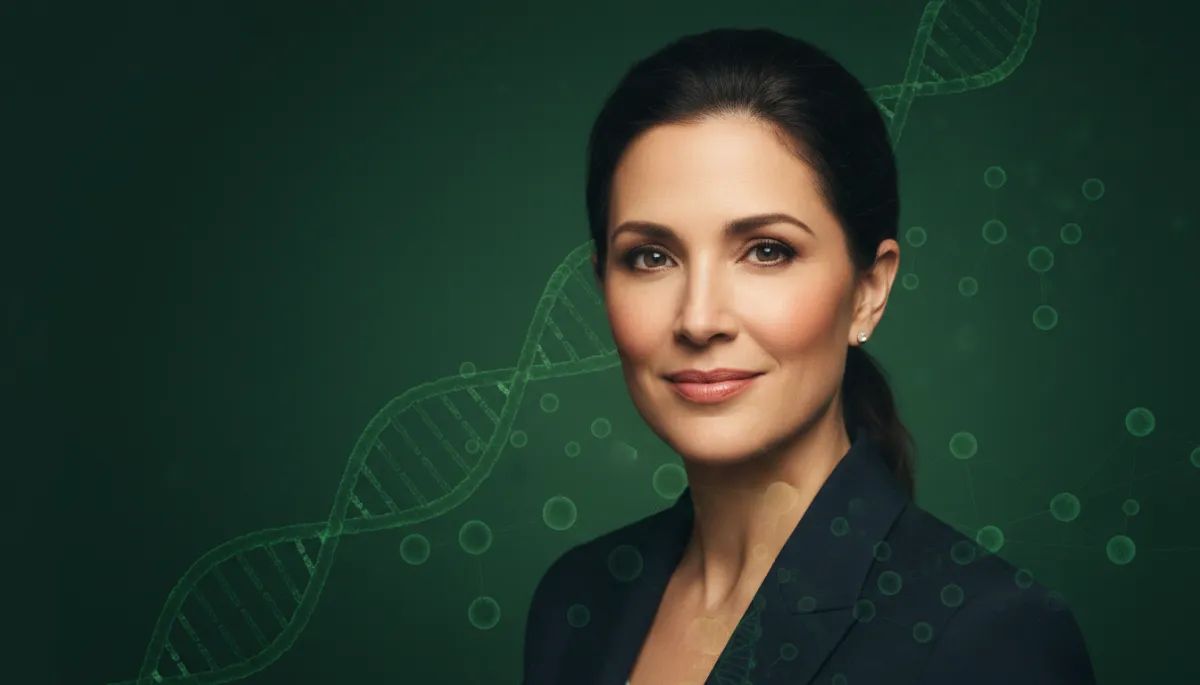professional portrait of Sara Blakely against deep forest green background, warm determined expression, subtle biotech-themed graphical overlay in green tones