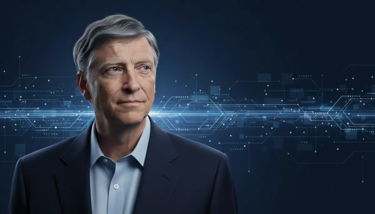 professional photorealistic portrait of Bill Gates in navy #1e3a5f tones, soft studio lighting, subtle tech-themed background, clean composition, professional style