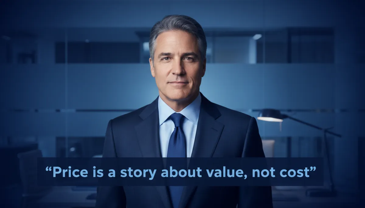professional photorealistic portrait of Mark Cuban in navy suit against deep #1e3a5f gradient background, confident expression, subtle office setting, clean lighting, text overlay in #1e3a5f with real quote 'Price is a story about value, not cost'