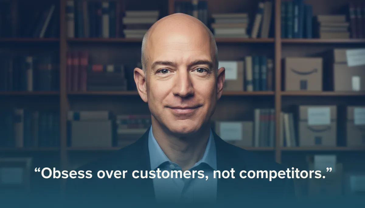 professional photorealistic portrait of Jeff Bezos in navy #1e3a5f tones, soft studio lighting, subtle background of early Amazon bookshelves blurred, overlaid with a real verified Jeff Bezos quote in #1e3a5f reading 'Obsess over customers, not competitors.'