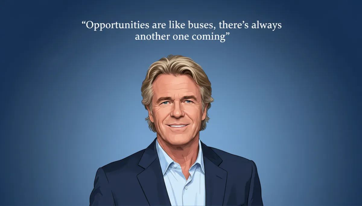 professional photorealistic portrait of Richard Branson in navy blazer against soft navy #1e3a5f gradient background, subtle professional lighting, clean composition, text overlay in #1e3a5f with a real verified Branson quote no longer than twelve words centered near top