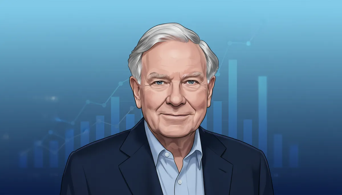professional photorealistic portrait of Warren Buffett in navy #1e3a5f tones, soft studio lighting, subtle financial charts blurred in background, clean professional style