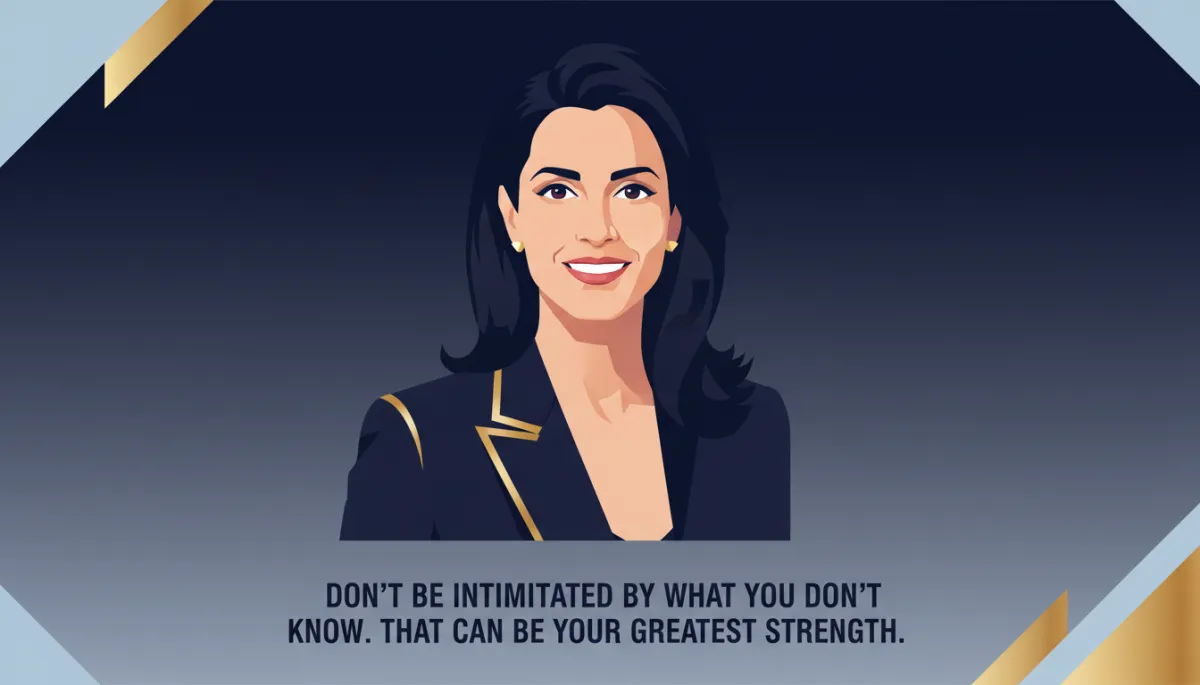 professional photorealistic portrait of Sara Blakely against a soft navy #1e3a5f background, confident smile, subtle lighting, clean composition, elegant typography overlay in #1e3a5f with a real verified quote no longer than 12 words