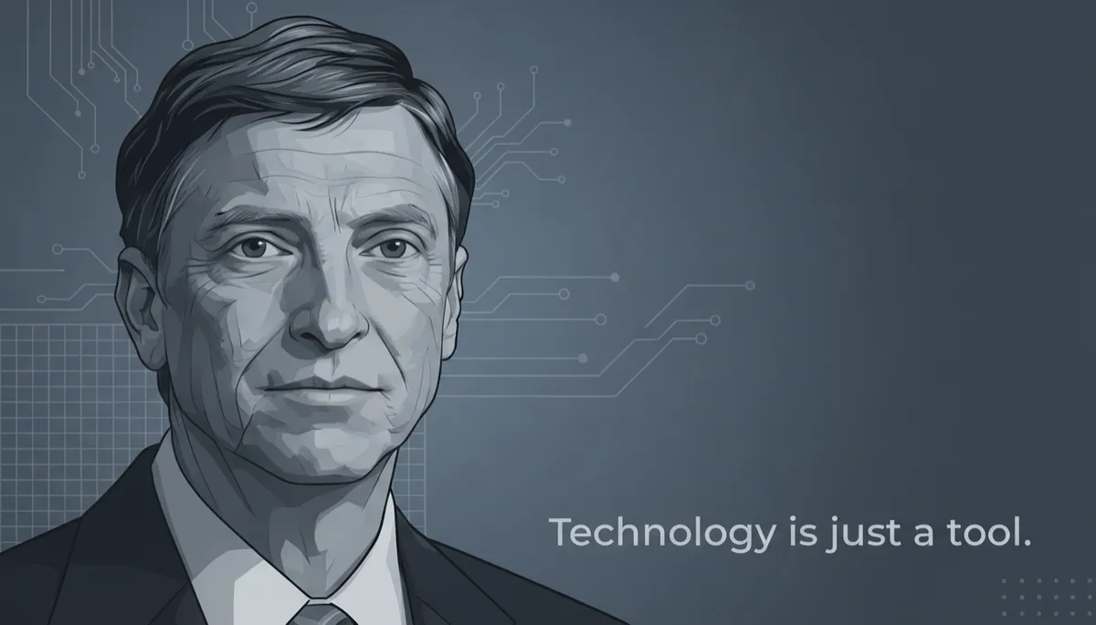 professional photorealistic portrait of Bill Gates in charcoal #374151 tones, soft studio light, subtle tech-themed background, overlaid with real verified Bill Gates quote in #374151 text no longer than twelve words