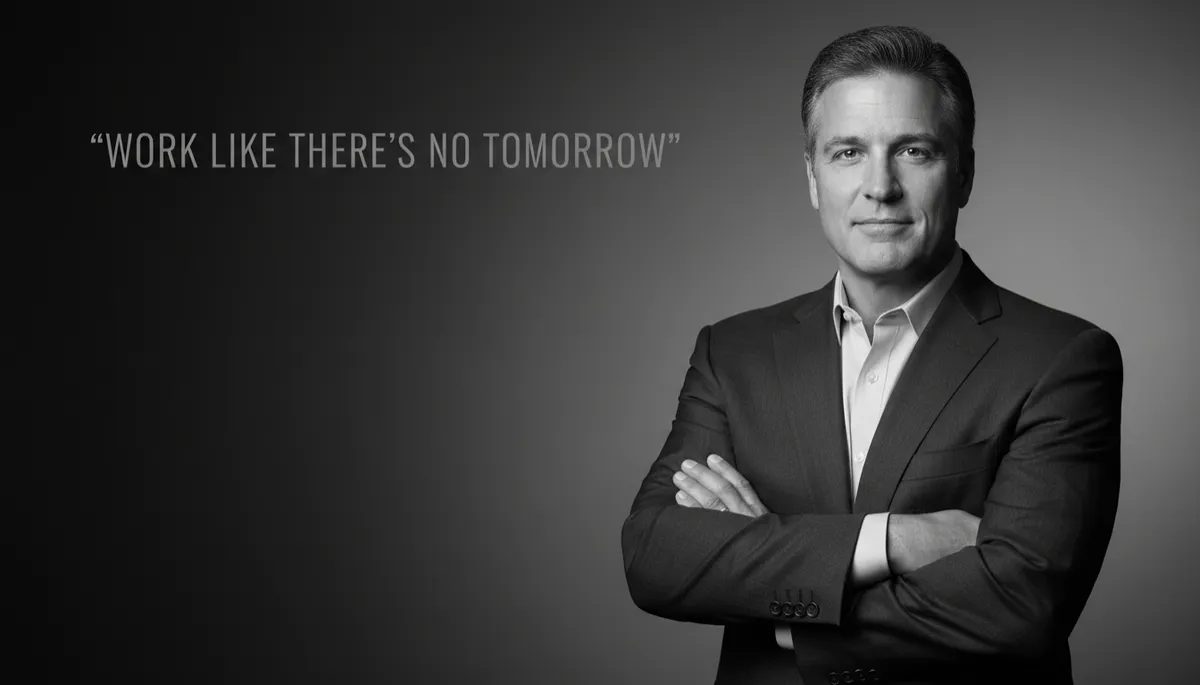 professional photorealistic portrait of Mark Cuban in charcoal #374151 tones, subtle studio background, confident expression, overlaid with a real verified quote in #374151 text no more than twelve words centered near the top
