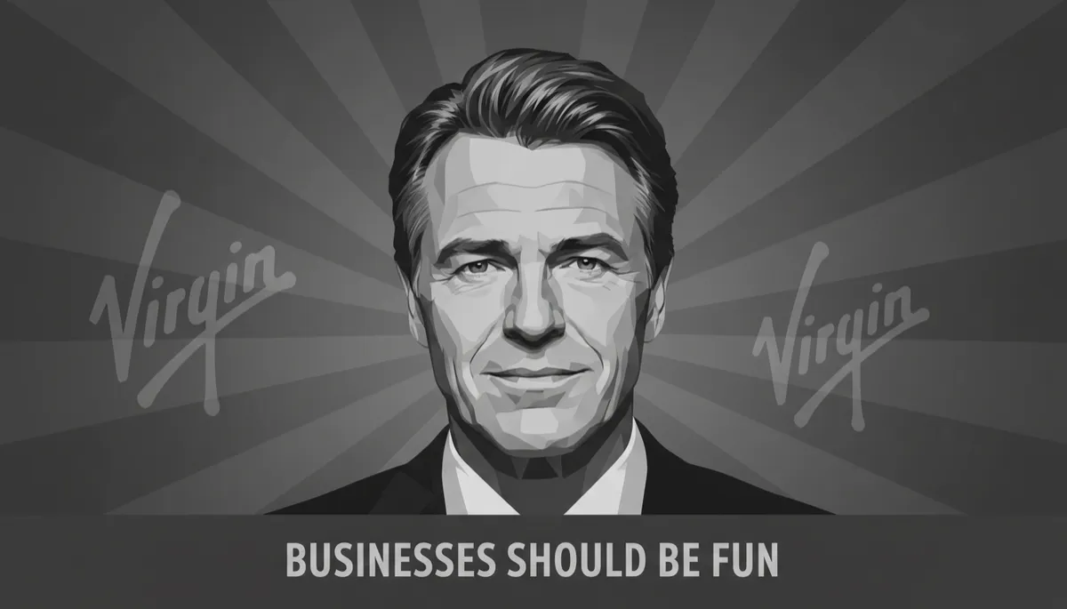 professional photorealistic portrait of Richard Branson in charcoal #374151 tones, soft studio light, subtle Virgin logo hints in background, clean minimal composition, text overlay in #374151 with a real verified Branson quote in ≤12 words