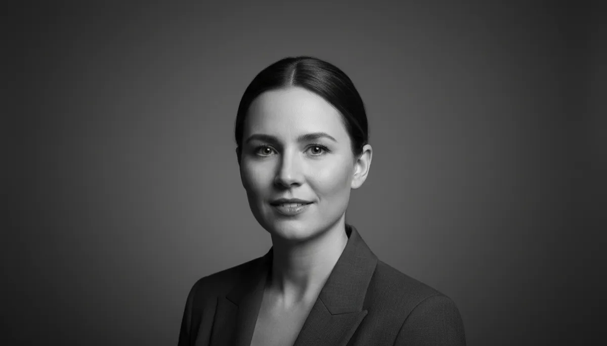 professional charcoal #374151 toned portrait of Melanie Perkins against a simple studio background, subtle soft light, minimalist professional style, space at top for text overlay in matching charcoal color