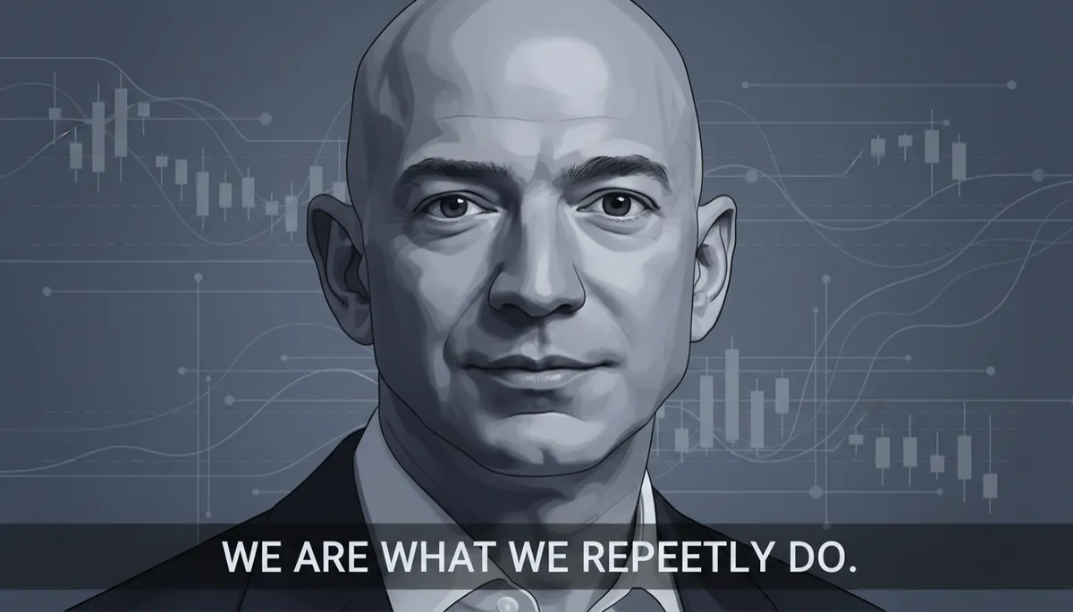 professional photorealistic portrait of Jeff Bezos in charcoal #374151 tones, soft studio light, subtle background of abstract data charts, text overlay in #374151 with a real verified Bezos quote no longer than twelve words