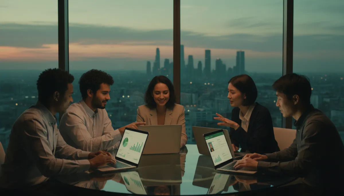 photorealistic editorial portraits of a diverse startup founding team gathered around a glass table with forest green accents, reviewing sales numbers and mentor profiles on laptops, city skyline in background