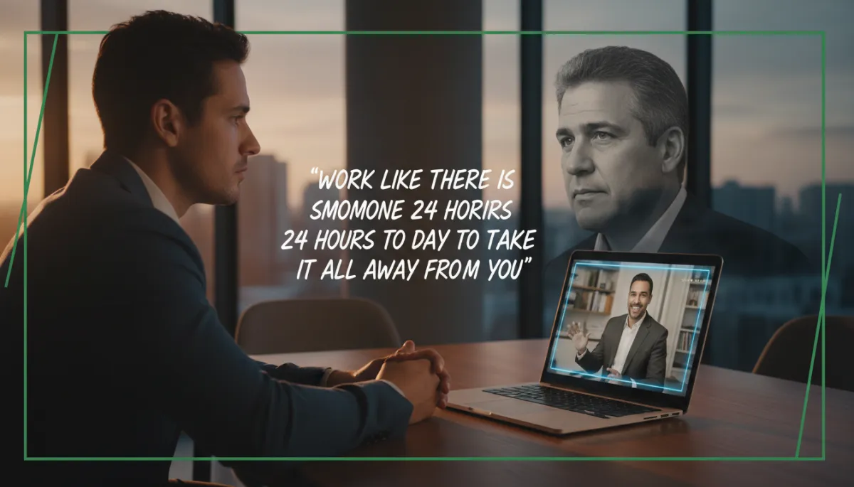 photorealistic editorial scene, close-up of a thoughtful startup founder in a modern office at dusk, laptop open on a table showing a paused webinar with a charismatic sales guru, subtle overlay of a transparent Mark Cuban portrait with a verified quote about doing the work, soft forest green #1a4731 accent lines framing the composition, calm but serious mood