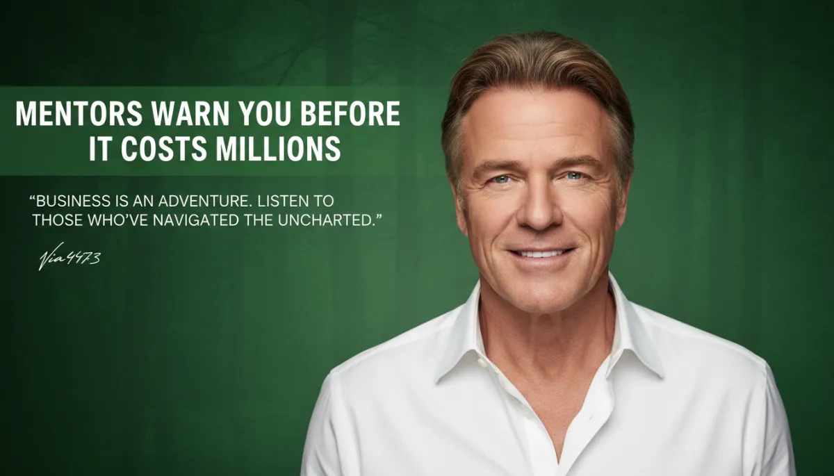 photorealistic editorial. Richard Branson portrait in soft studio lighting, subtle forest green #1a4731 accent border and headline overlay text about mentors warning you before it costs millions, clean magazine-style composition
