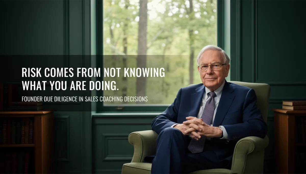 photorealistic editorial. Warren Buffett portrait in a calm office, forest green #1a4731 accent, verified quote overlay reading 'Risk comes from not knowing what you are doing.' Subtle text overlay about founder due diligence in sales coaching decisions