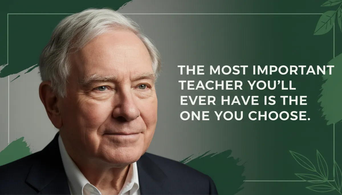 photorealistic editorial. Warren Buffett portrait in soft light, subtle forest green #1a4731 accents, verified quote overlay about the importance of choosing the right teacher, clean typography, minimal background]