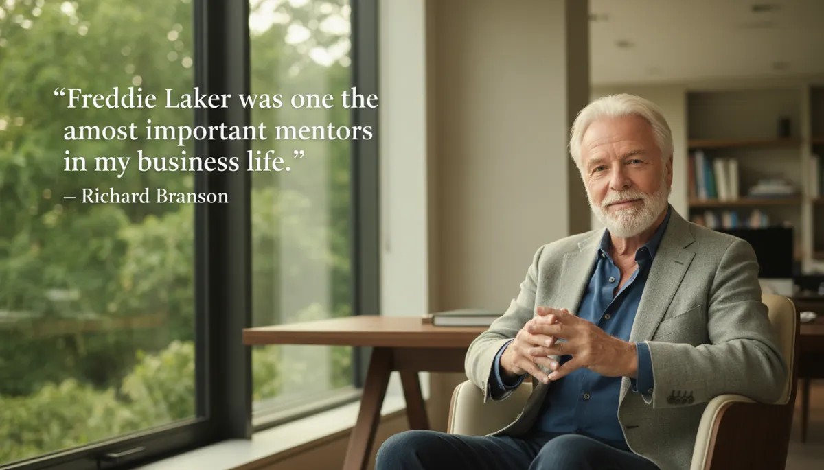 photorealistic editorial portrait of Richard Branson in a calm office setting, soft window light, subtle forest green #1a4731 accents in background; overlay text shows a verified quote: “Freddie Laker was one of the most important mentors in my business life.” – Richard Branson