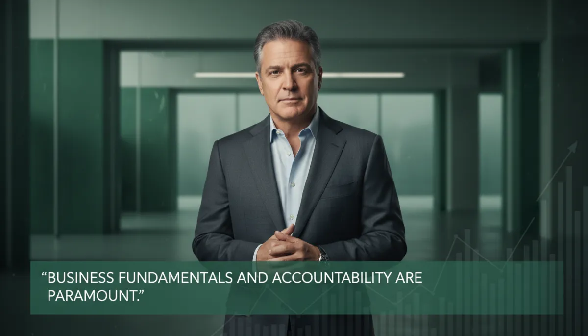 photorealistic editorial. Mark Cuban portrait in a modern studio, subtle forest green #1a4731 accents in background and lower-third banner, verified quote overlay about business fundamentals and accountability, clean typography, soft directional lighting