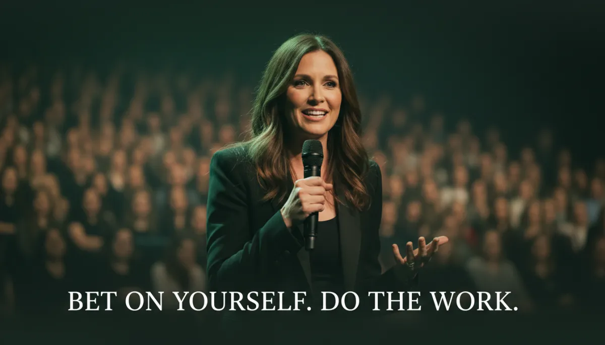 photorealistic editorial. Sara Blakely portrait speaking on stage, subtle forest green #1a4731 lighting accents, verified quote overlay in clean serif font about betting on yourself and doing the work, minimalist background audience in soft blur
