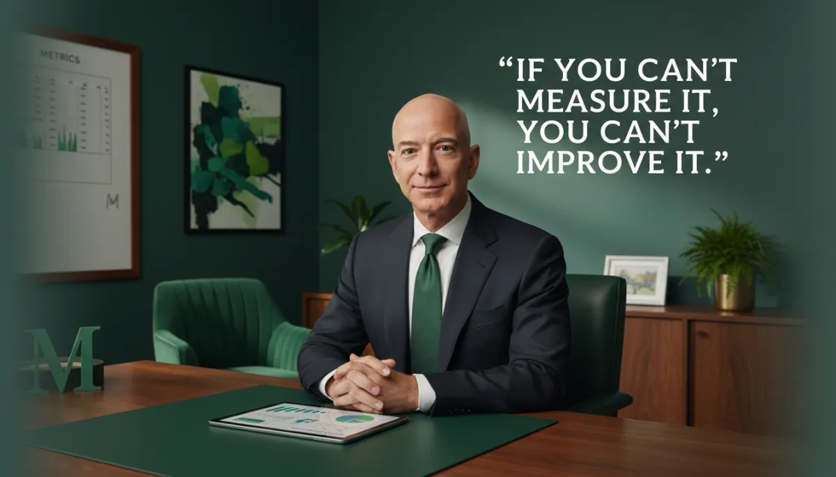 photorealistic editorial. Jeff Bezos portrait in a subtle forest green #1a4731 accented office, with a verified quote overlay about requiring clear metrics before funding initiatives, clean typography, soft lighting, confident but calm expression