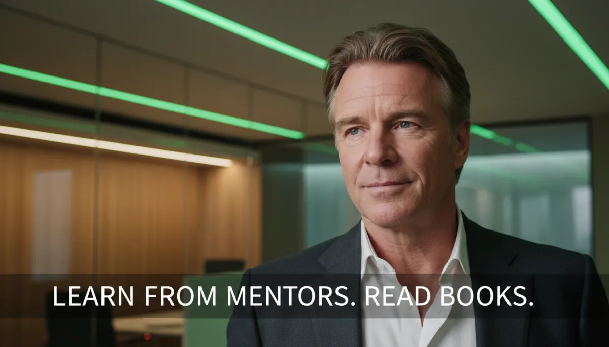 photorealistic editorial. Close-up portrait of Richard Branson in a modern office, subtle forest green #1a4731 accent lighting, verified quote overlay about learning from mentors and books, clean typography, shallow depth of field