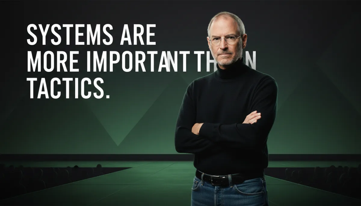 photorealistic editorial. Close-up portrait of Steve Jobs on stage in black turtleneck, forest green #1a4731 accent lighting, overlay quote text about systems over tactics, minimalist Apple-style stage background