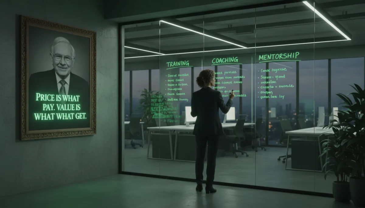 photorealistic editorial. Founder in a modern startup office at a large whiteboard comparing three columns labeled Training, Coaching, Mentorship, Warren Buffett portrait framed on the wall with a verified quote overlay, subtle forest green #1a4731 accent lighting and UI elements