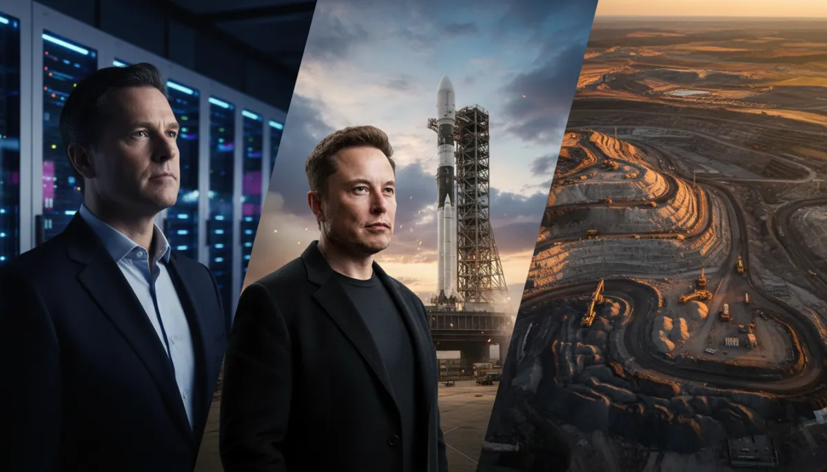 photorealistic cinematic portrait-style montage of Michael Dell in a cool-toned AI server room, Elon Musk at a rocket launch pad under a dramatic sky, and an aerial view of an Indonesian coal mine at golden hour, neutral color palette, editorial magazine lighting